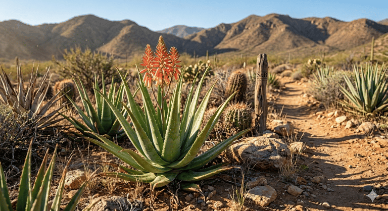 Planta de Planta Aloe Vera revelando el cristal puro en el desierto para la curaduría de S&B El Artesanal.
