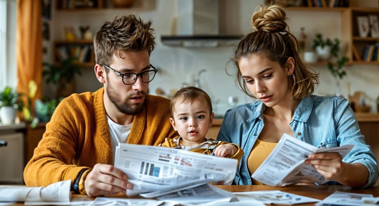 imagem de uma família pai, mãe e fliho aprendendo sobre como economizar desde cedo.