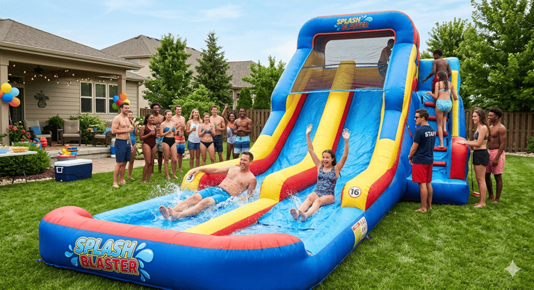 adults enjoying water slide