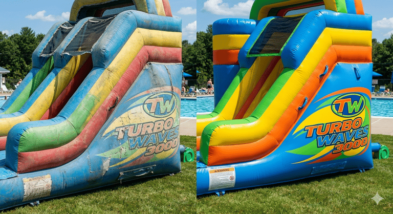 close‑up of a faded inflatable water slide next to a newer, vibrant one