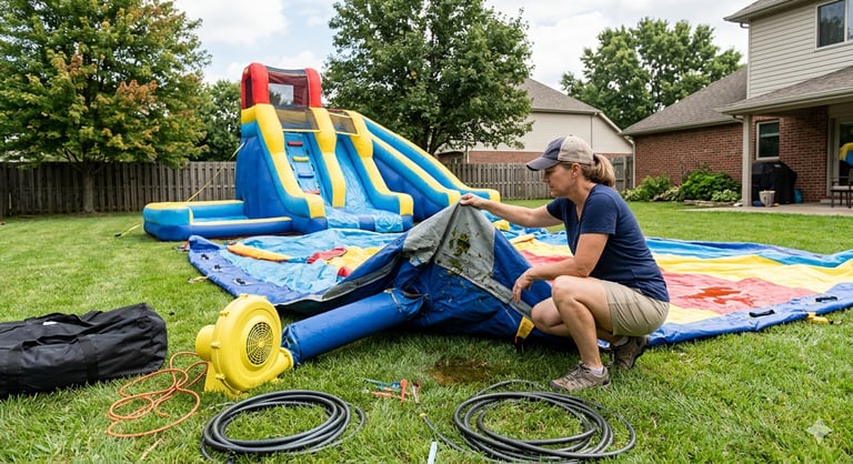 parent inspecting an inflatable water slide for wear and tear in the backyard