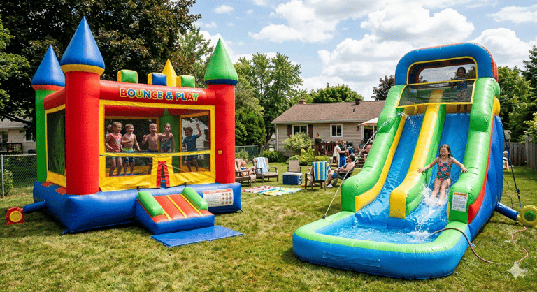 inflatable bounce house on one side, inflatable water slide on the other