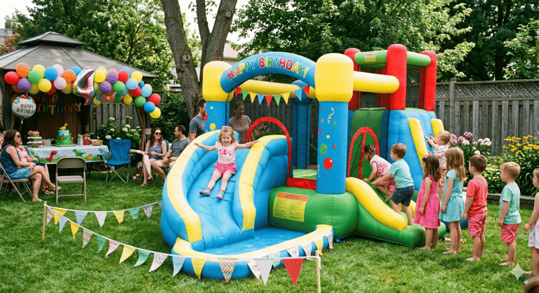 inflatable water slide in a backyard birthday party with small children