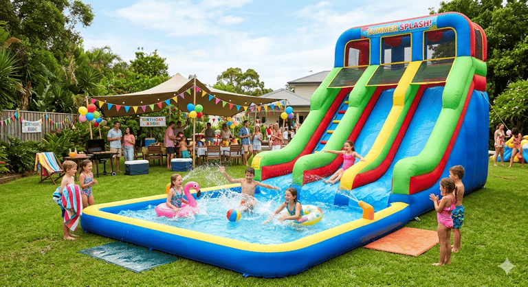 inflatable water slide with a large splash pool set up for a backyard party