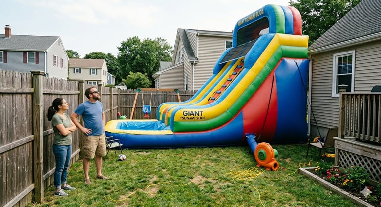 large inflatable slide in a small backyard. The slide is too big for the yard and parents are standi