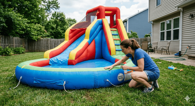 parent inspecting an inflatable slide for leaks in a backyard
