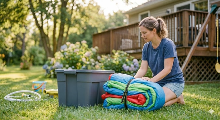 parent looking at a folded inflatable water slide next to a storage bin