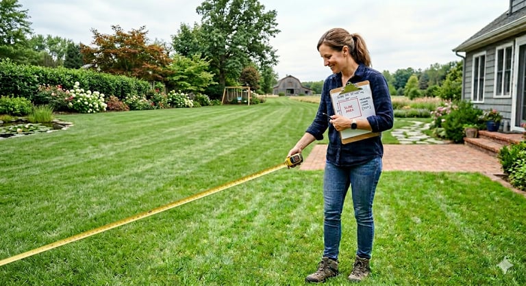 parent measuring backyard space with a tape measure carrying a clipboard