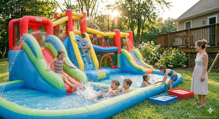 parent supervising small kids playing on inflatable water slide