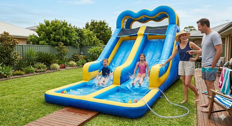 parents supervising two kids on an inflatable dual‑lane water slide in the backyard