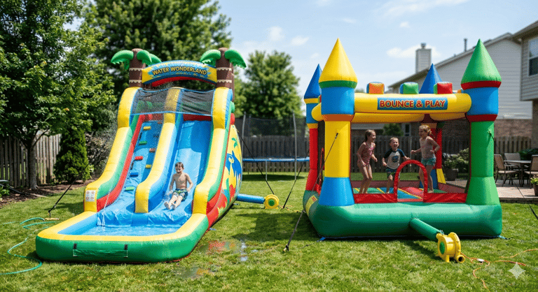 side‑by‑side photo of a backyard water slide and a bounce house