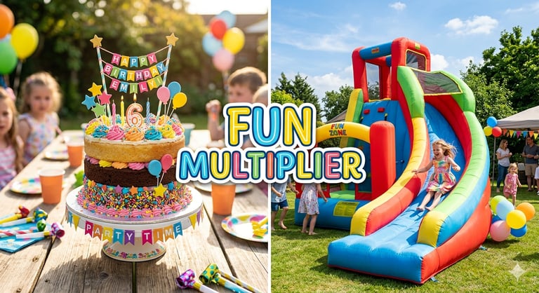split image showing a birthday cake on one side and an inflatable slide on the other labeled Fun Mul