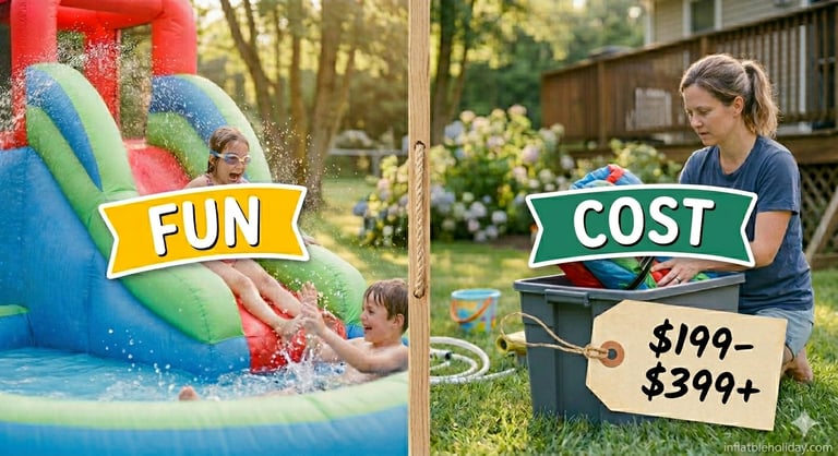 split image showing a water slide labeled “Fun” and a price tag labeled “Cost"