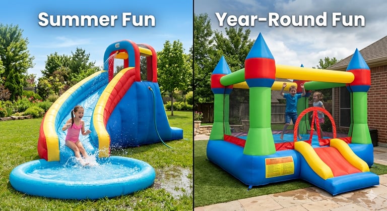 split image showing an inflatable water slide on one side and a bounce house on the other, labeled “