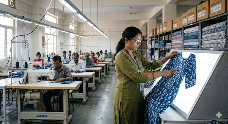 Quality control in Jaipur clothing manufacturing facility — Indian garment factory producing private label fashion for export