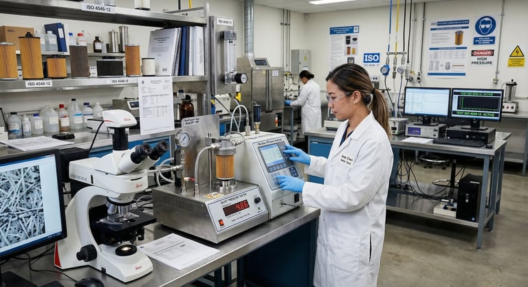 ISO 4548-12 accredited testing laboratory showing burst pressure testers and filtration efficiency analyzers