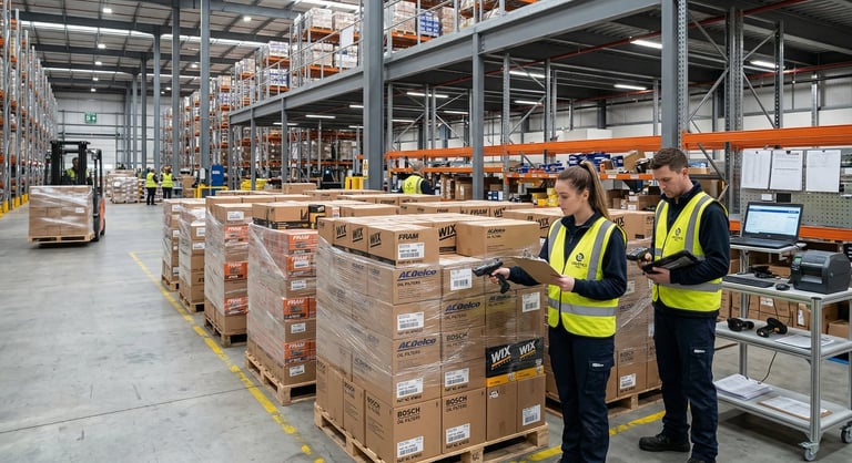 Modern freight forwarding warehouse with organized inventory of automotive oil filters and logistics staff