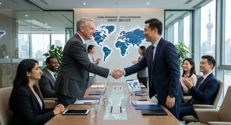 International business partnership handshake Chinese manufacturer distributor global cooperation success