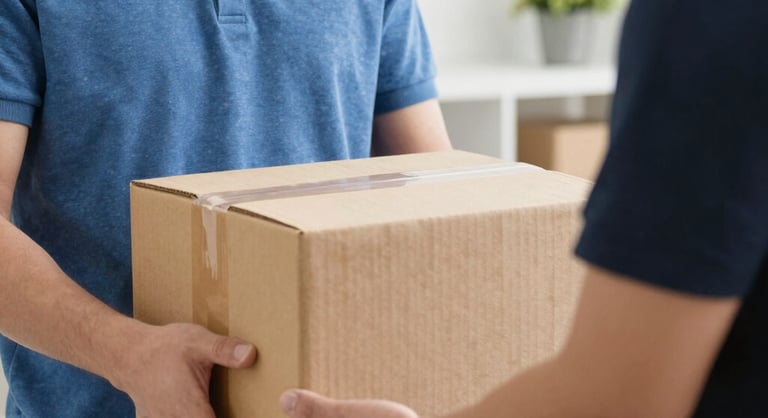 Courier handing over a small parcel to a smiling customer at a doorstep