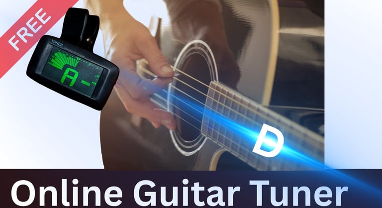 Digital clip-on guitar tuner displayed over an acoustic guitar being played by a hand.