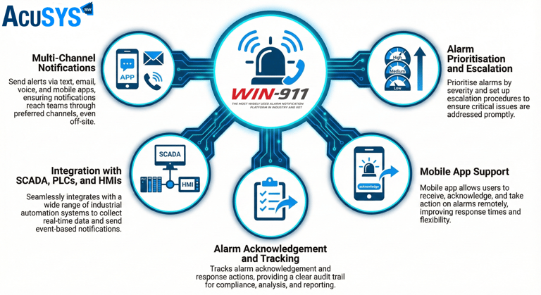 WIN-911, alarm prioritization, escalation, alarm acknowledgment tracking, critical alarms