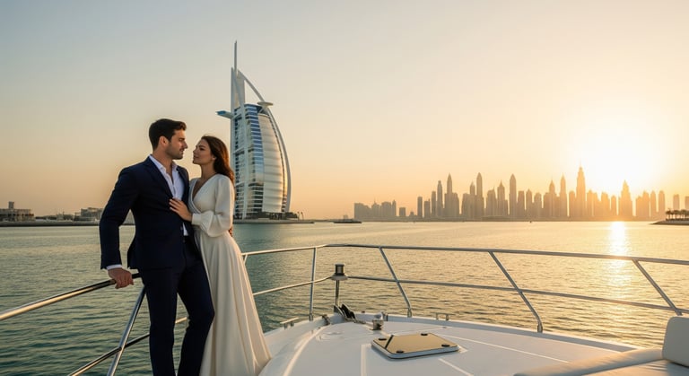 a couple standing on a yacht in dubai marina