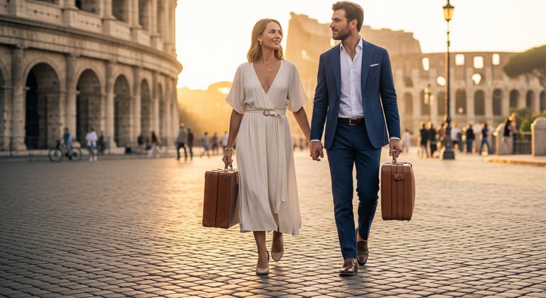 a man and woman holding suitcases in front of a roman structure