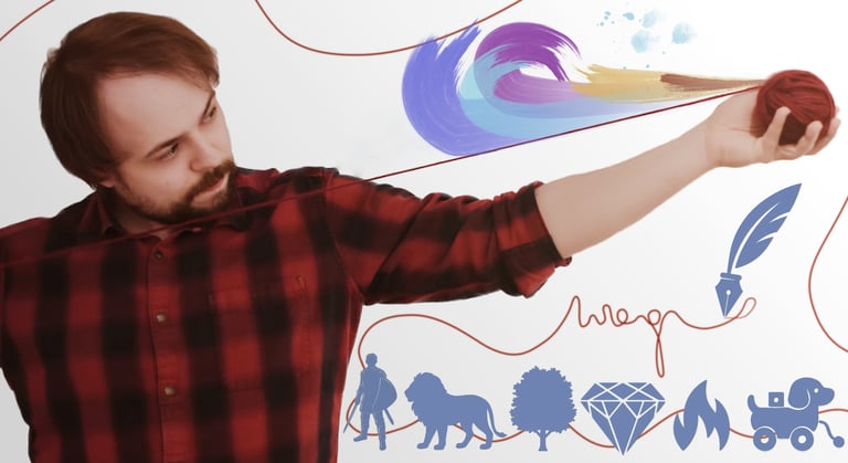 Alexander Androsov holding yarn with metaphor icons – Thumbnail for Writing Masterclass on Udemy.
