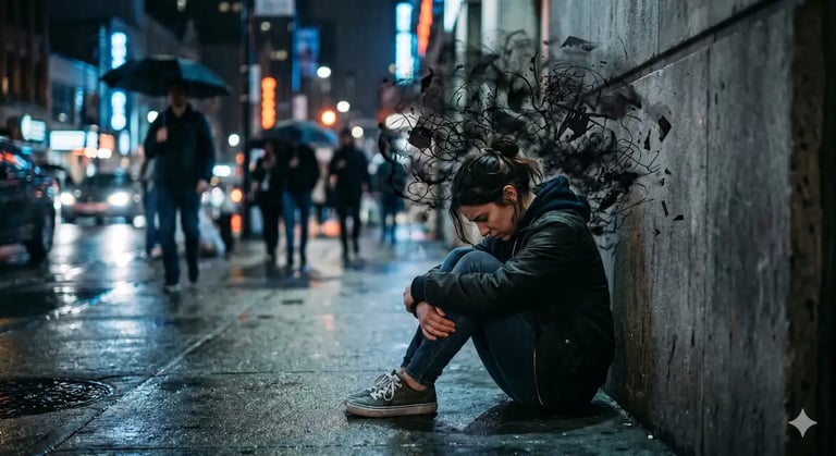 Mulher triste sentada na rua sob chuva com sombras sobre a cabeça. Artigo sobre a Depressão.