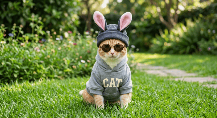 Un lindo gato pelirrojo con sudadera con capucha gris, gafas de sol y sombrero con orejas de conejo 