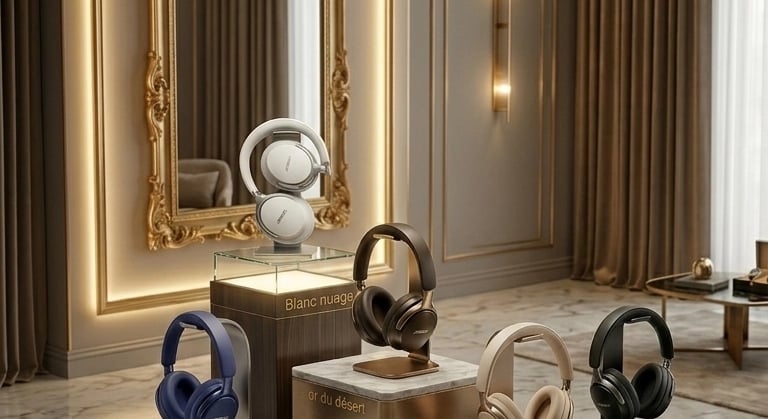 Toutes les couleurs du casque Bose Quietcomfort Ultra de 2ème génération présenté sur un piédestal