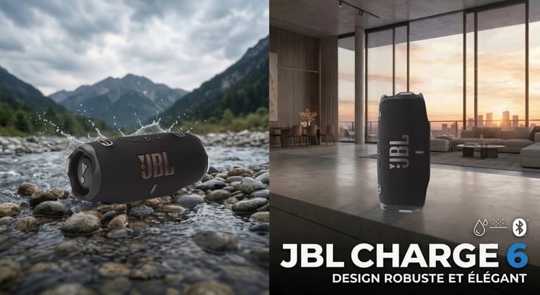 Enceinte JBL Charge 6 présentée en extérieur au bord de l'eau et en intérieur dans un salon
