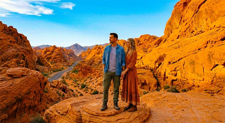 Couple standing on a red rock cliff overlooking the desert landscape at Valley of Fire State Park.