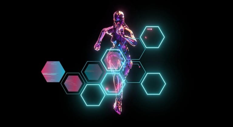 Un corps humain en mouvement au look futuriste recouvert d'alvéoles