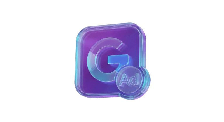 3D glass Google Ads icon representing our expert Google and Meta Ads agency services