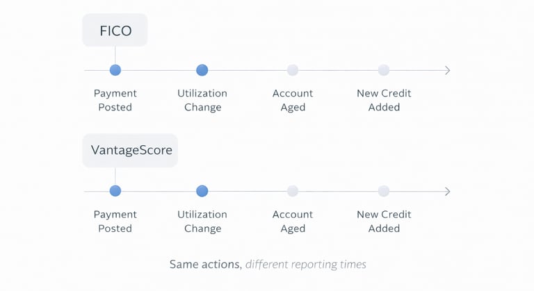 Offset timelines showing how reporting timing differences can lead to varying credit score results