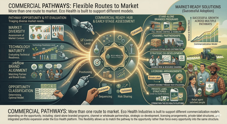 Infographic showing commercial pathways for Eco Health Industries including licensing, partnerships, and market-ready