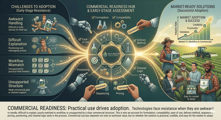 Infographic showing commercial readiness assessment for agriculture technology market adoption and success.