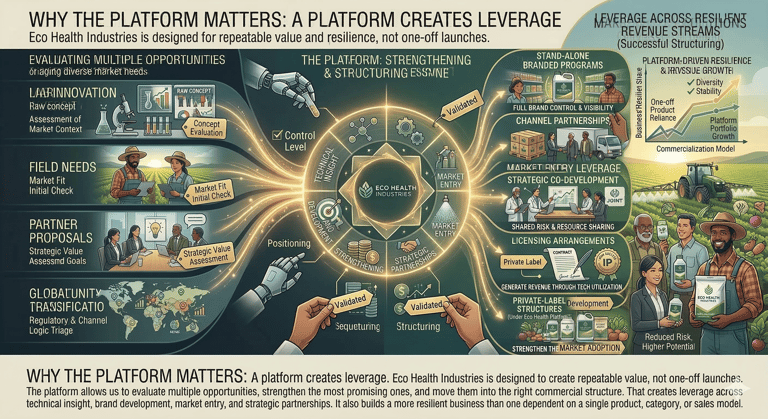 Eco Health Industries infographic showing a business platform model for sustainable agriculture and product development