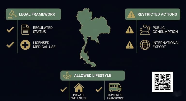 Educational infographic explaining cannabis laws in Thailand for travelers, highlighting legal access, regulations,