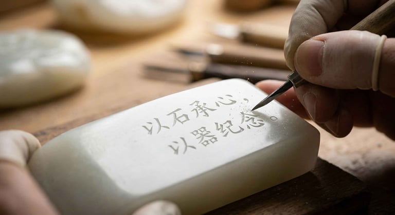 在玉石上雕刻「以石承心，以器紀念」