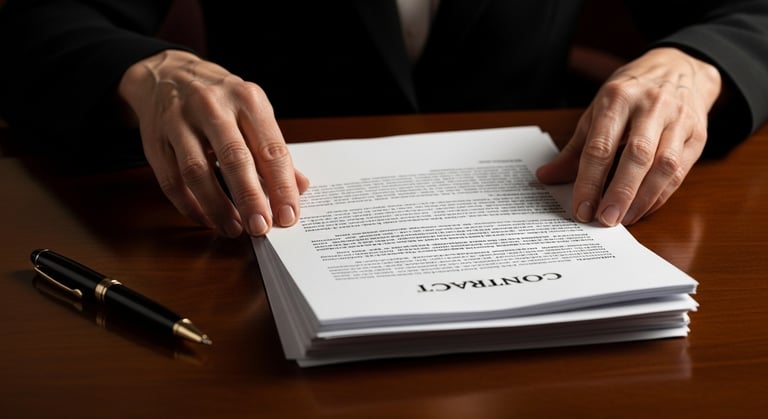 Documento contratual sendo revisado por advogado