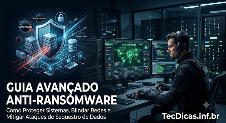 Profissional de segurança cibernética monitorando rede protegida contra ataques de ransomware