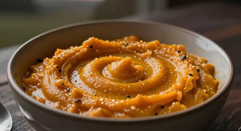 A vibrant bowl of creamy carrot soup garnished with fresh herbs and a sprinkle of root flour.