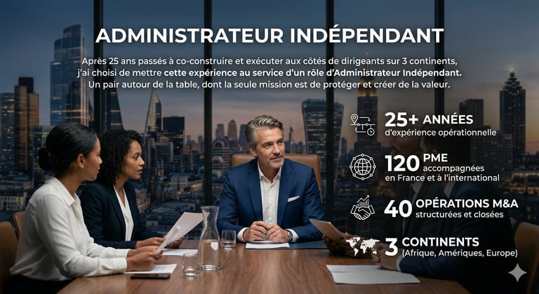 Administrateur indépendant en CA discutant stratégie et opérations de M&A.