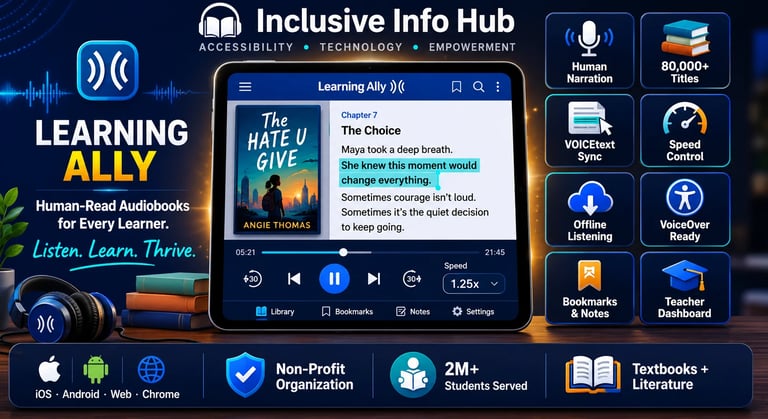 Learning Ally Review 2025 featured image showing audiobook interface with human narration, VOICEtext sync, and 80,000+ titles