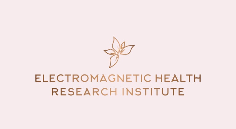 Electromagnetic Health Research Institute logo - gold lettering with light rose background