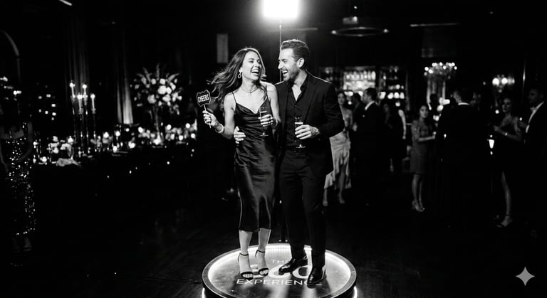 A happy couple laughing on a 360 photo booth at a luxury black-tie event or wedding reception.
