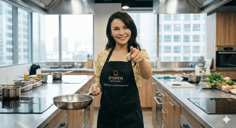 a woman in a black apron and aprons holding a bowl of food