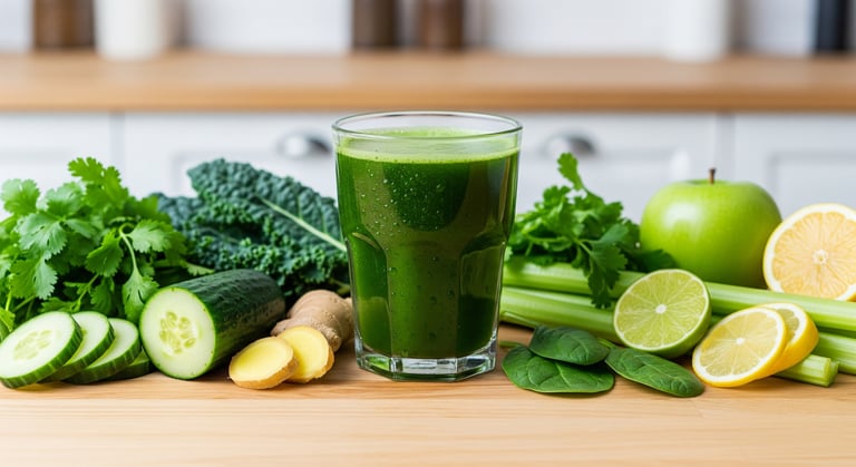 a glass of green juice with a green apple and lemonade